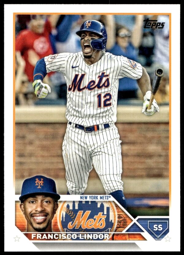 2023 Topps Francisco Lindor trading card, Mets action shot, card #450 (front view).