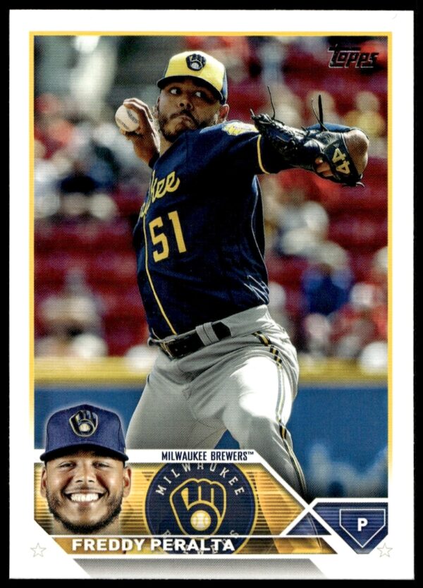 Freddy Peralta 2023 Topps Series 2 card, Milwaukee Brewers, action shot, baseball memorabilia.