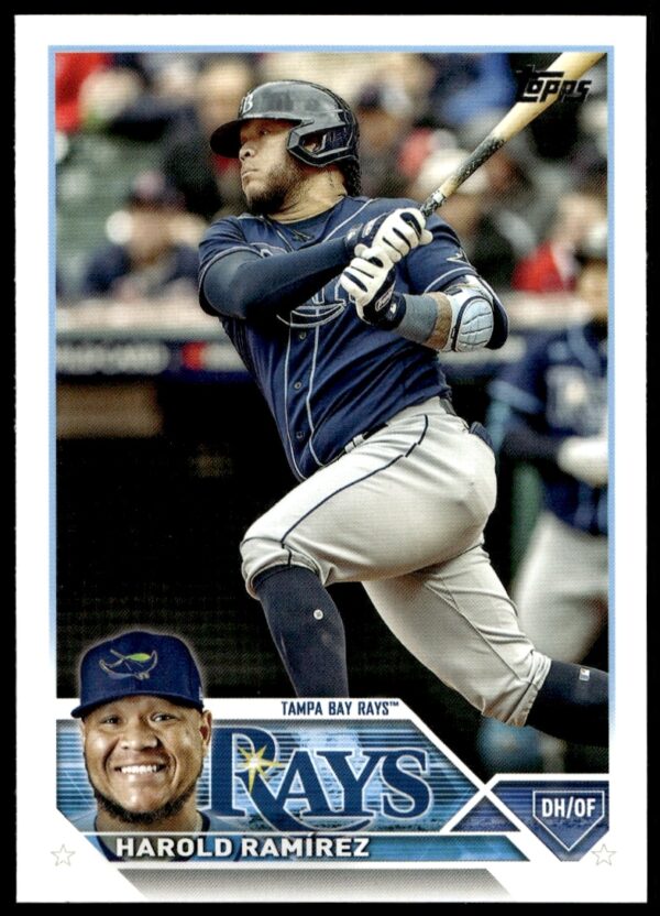 Harold Ramirez 2023 Topps Baseball Card #387, Tampa Bay Rays, Series 2, Action Shot.