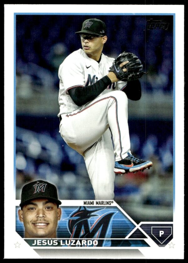 2023 Topps Jesus Luzardo card #563, Miami Marlins pitcher in vibrant action stance.