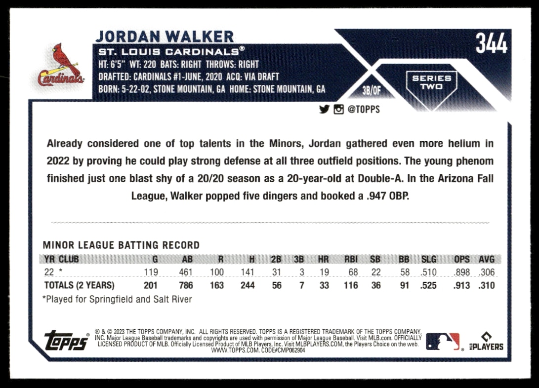 Back of 2023 Topps Series 2 Jordan Walker baseball card with stats and career highlights.