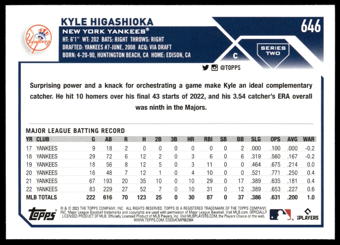 Back of 2023 Topps Series 2 Kyle Higashioka baseball card, featuring stats and team details.