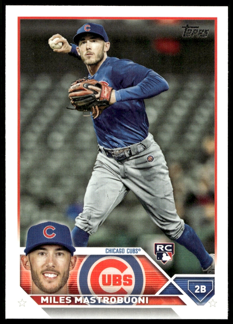 Miles Mastrobuoni 2023 Topps Series 2 baseball card #592-front view in team uniform.