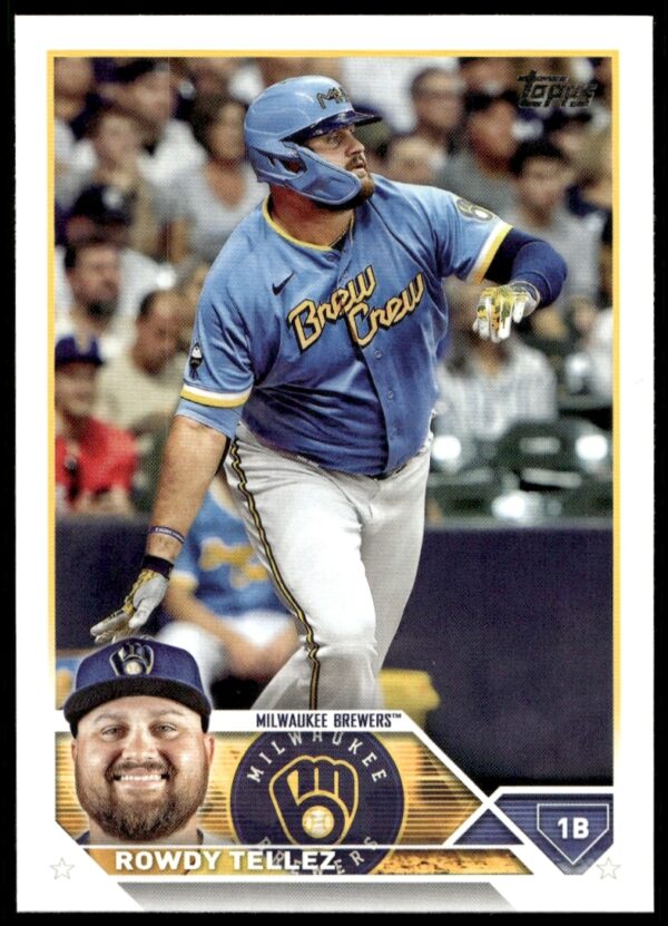 Front of 2023 Topps Series 2 Rowdy Tellez baseball card, #598, displaying player action.