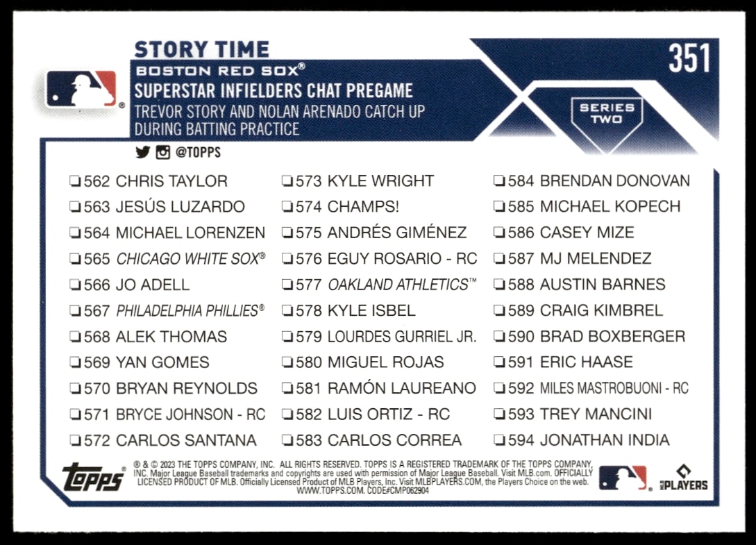 Back of 2023 Topps Series 2 Card #351 featuring player stats and narrative.