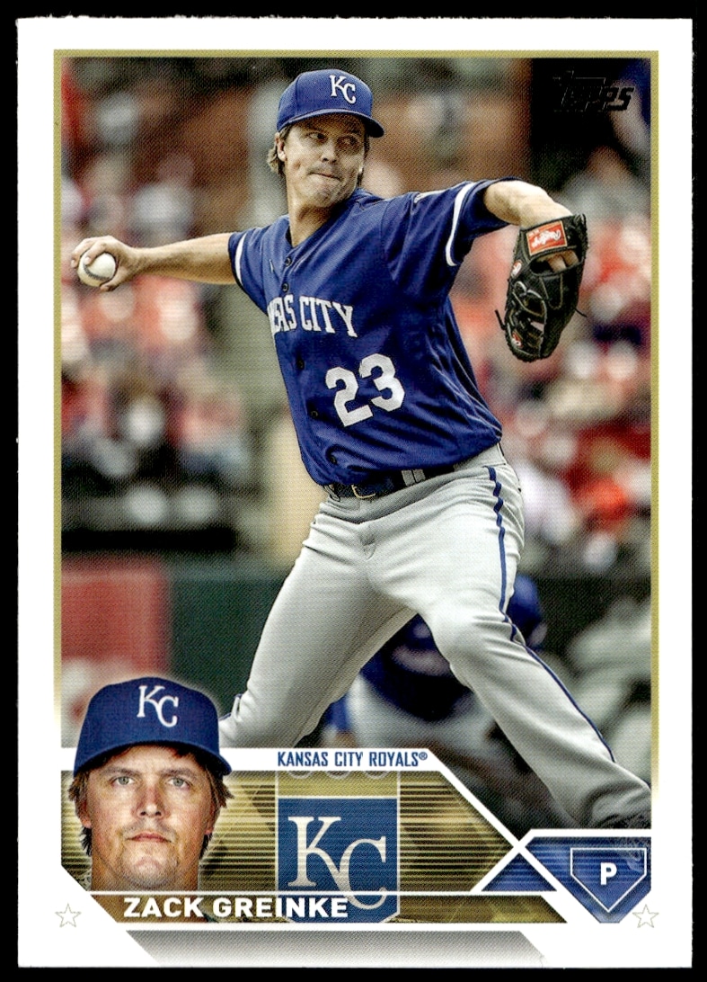 Front view of 2023 Topps Series 2 Zack Greinke baseball card #420, action pitching shot.