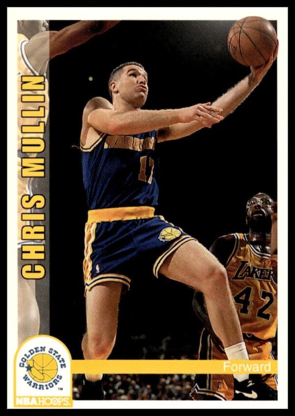 Front of 1992-93 Hoops Chris Mullin card #78 with Warriors in-game action.