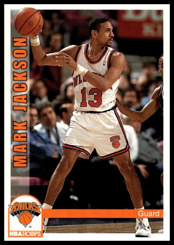 Mark Jackson 1992-93 Hoops card #154 features Knicks jersey, capturing NBA history.