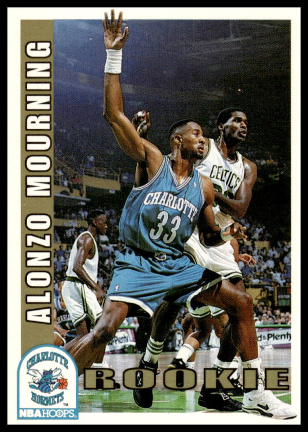 Alonzo Mourning 1992-93 Hoops Rookie Card #361 showing dynamic court presence in Hornets uniform.