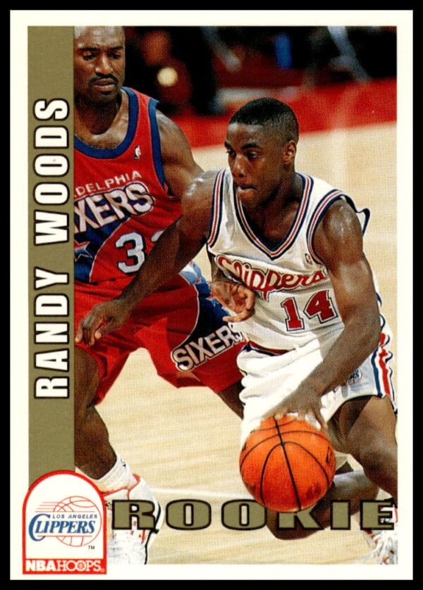 Randy Woods 1992-93 Hoops Basketball Card #407, front view with player action and stats.