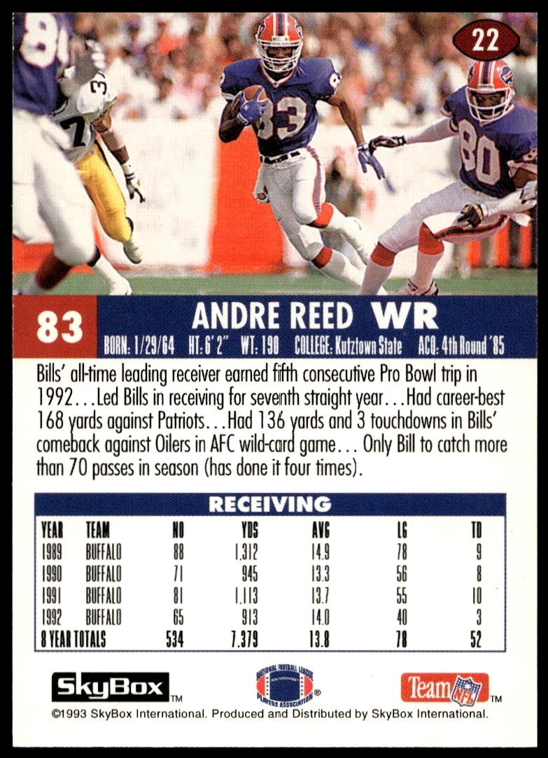 Back of 1993 SkyBox Impact card #22, highlighting Andre Reeds 1992 season with Buffalo Bills.