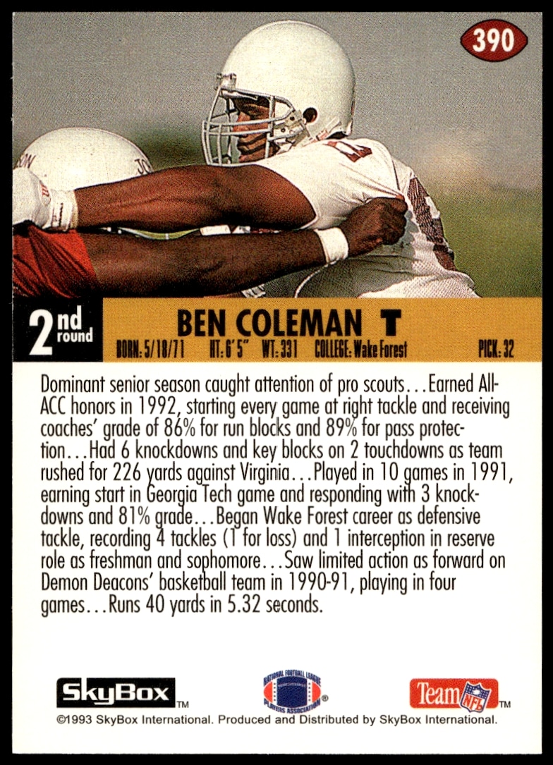Back of 1993 SkyBox Impact Ben Coleman card featuring career stats and highlights.