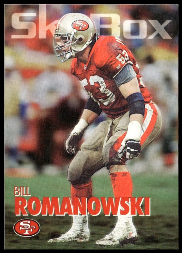 Bill Romanowski 1993 SkyBox Impact Card #304, NFL action shot, front view.