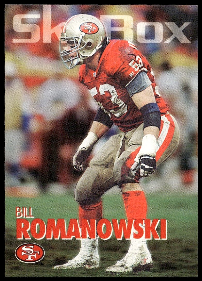 Bill Romanowski 1993 SkyBox Impact Card #304, NFL action shot, front view.