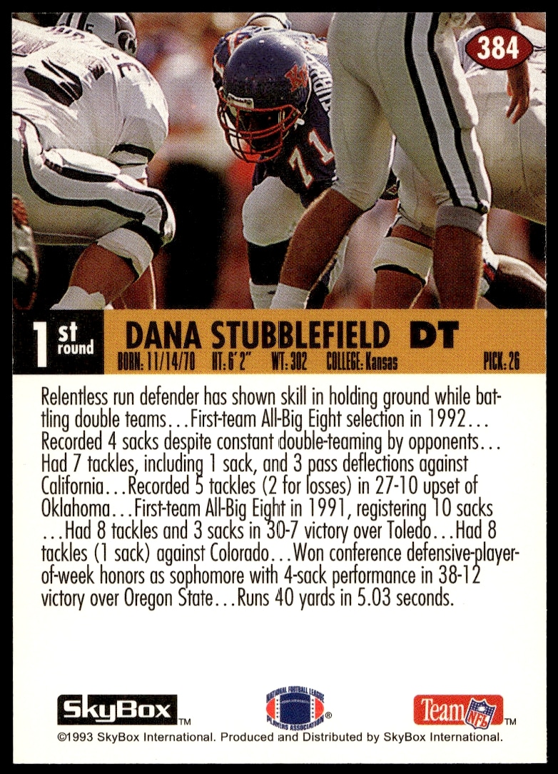 Back of 1993 SkyBox Impact card, Dana Stubblefields stats and achievements, card #384.