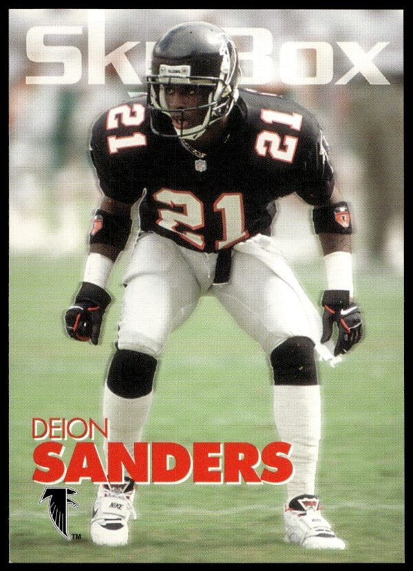 Front of 1993 SkyBox Impact card featuring Deion Sanders in Falcons uniform, card number 12.