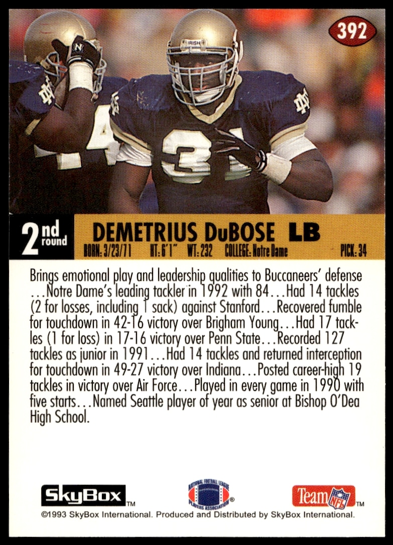 Back of 1993 SkyBox Impact Card featuring Demetrius DuBose, showcasing stats and career highlights.