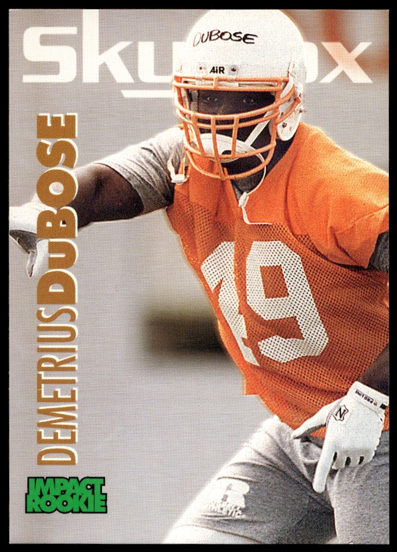 Demetrius DuBose 1993 SkyBox Impact Card Front, #392, NFL linebacker in uniform.