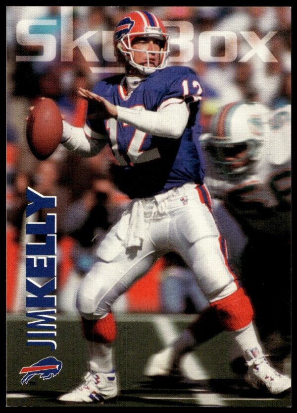 Buffalo Bills QB Jim Kelly 1993 SkyBox football card #19, showcasing action and determination.