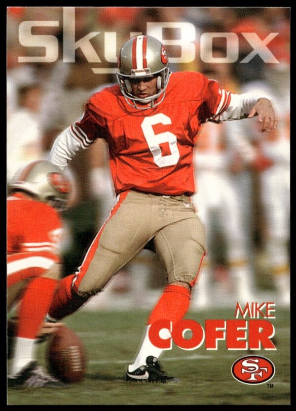 1993 SkyBox Impact trading card, Mike Cofer #298, San Francisco 49ers kicker, NFL action shot.