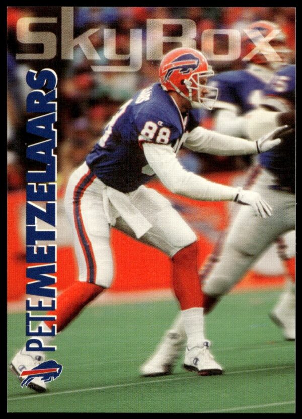 1993 SkyBox Impact Pete Metzelaars Football Card #28, featuring NFL tight end in action.