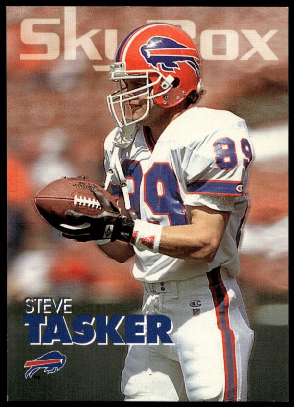 1993 SkyBox trading card of Steve Tasker in Buffalo Bills uniform, highlighting his NFL career.