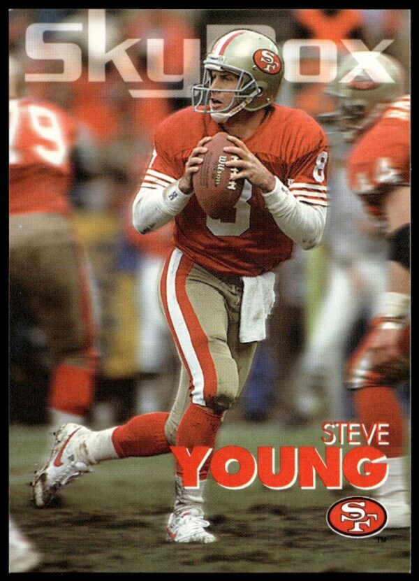 Steve Young 1993 SkyBox Impact football card, San Francisco 49ers quarterback, No. 8 jersey.