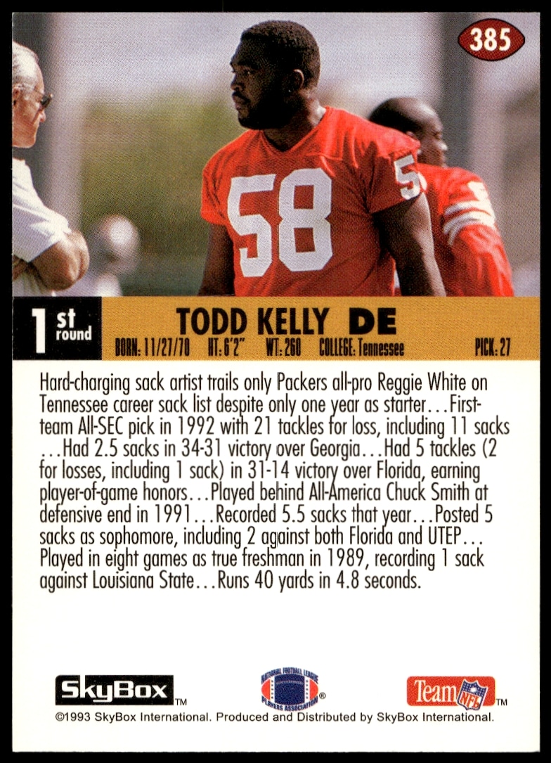 Back of 1993 SkyBox Impact card showcasing Todd Kellys football stats and career achievements.
