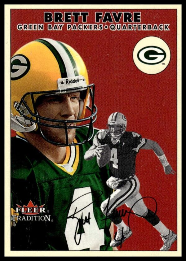 2000 Fleer Tradition Brett Favre Glossy Card #158 showing Packers uniform.