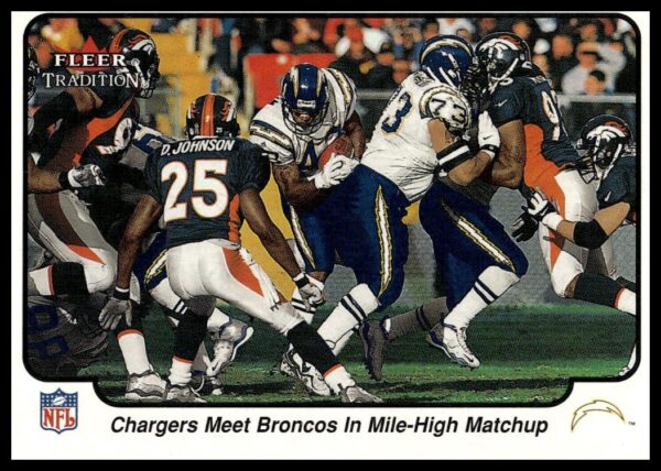 2000 Fleer card: Chargers vs. Broncos, Mile-High stadium, iconic NFL showdown, #391, glossy finish.