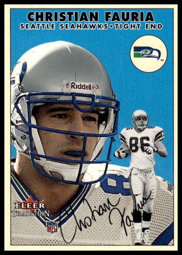 2000 Fleer Glossy Christian Fauria Football Card #223 Front Design with Player Portrait