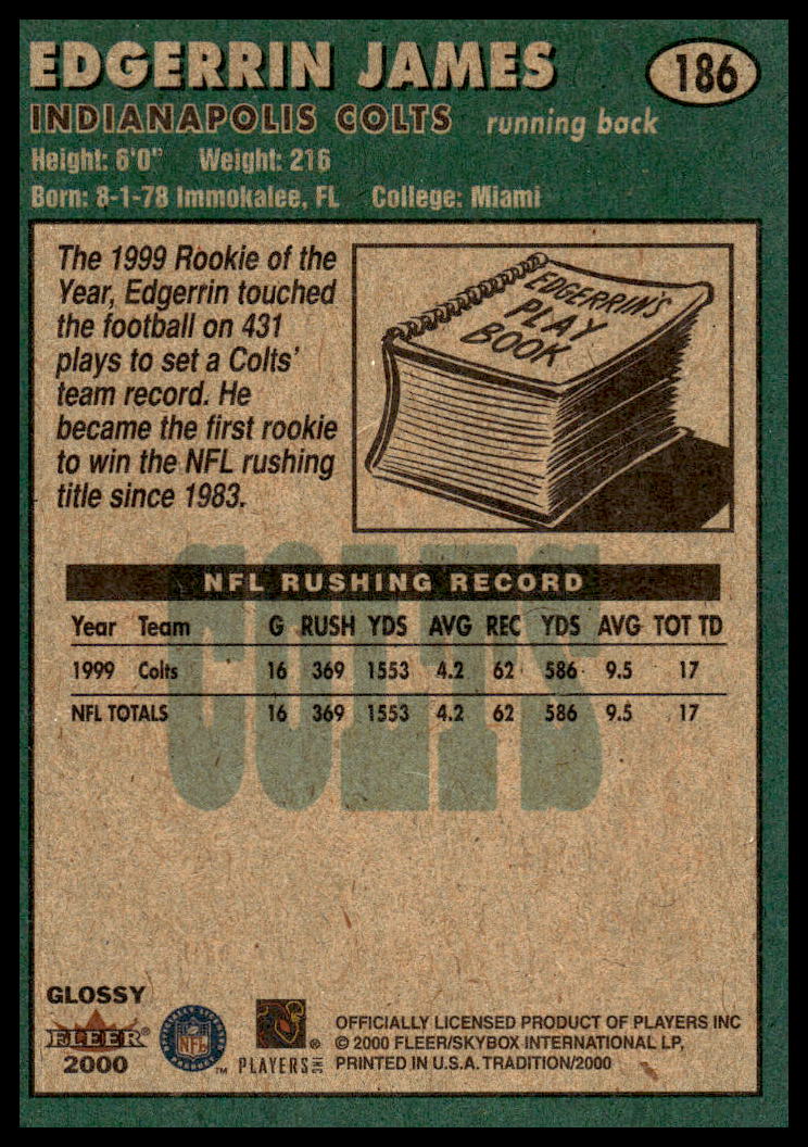 Back of Edgerrin James 2000 Fleer Glossy card with stats and career highlights.
