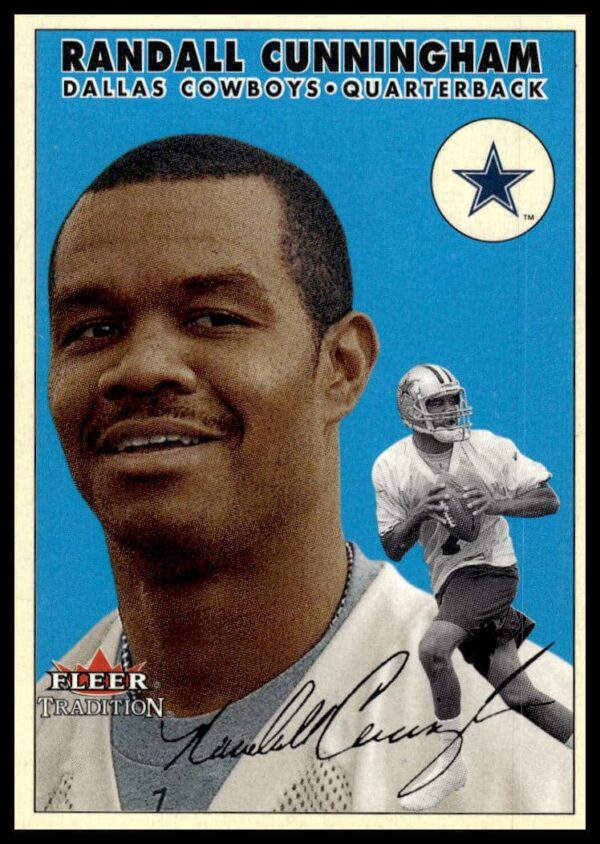 Front of 2000 Fleer Glossy Randall Cunningham NFL card #303, showcasing his athletic prowess.