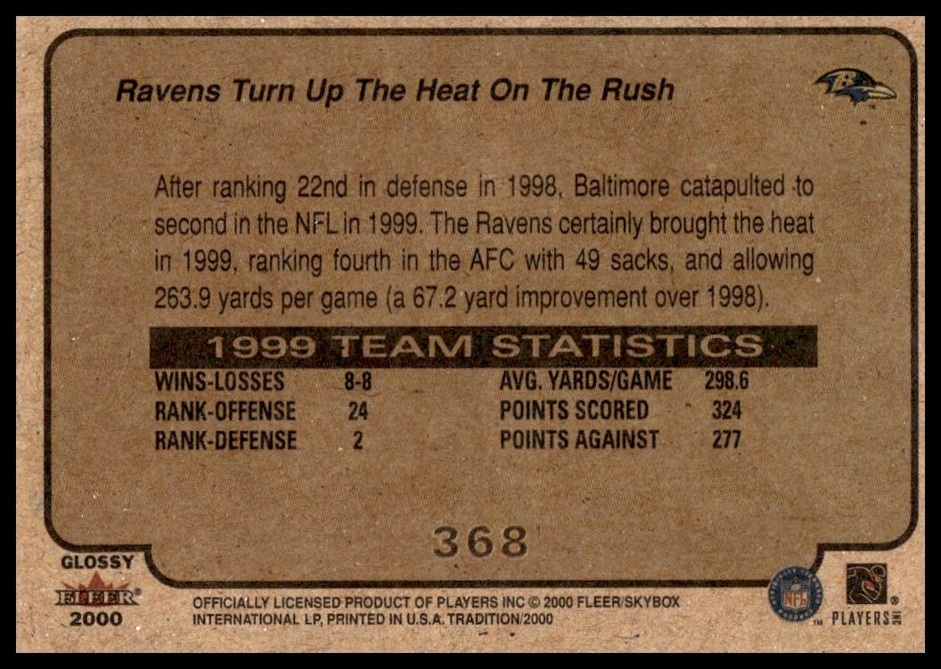 Back of 2000 Fleer Ravens card highlighting rushing strategy and season performance stats.