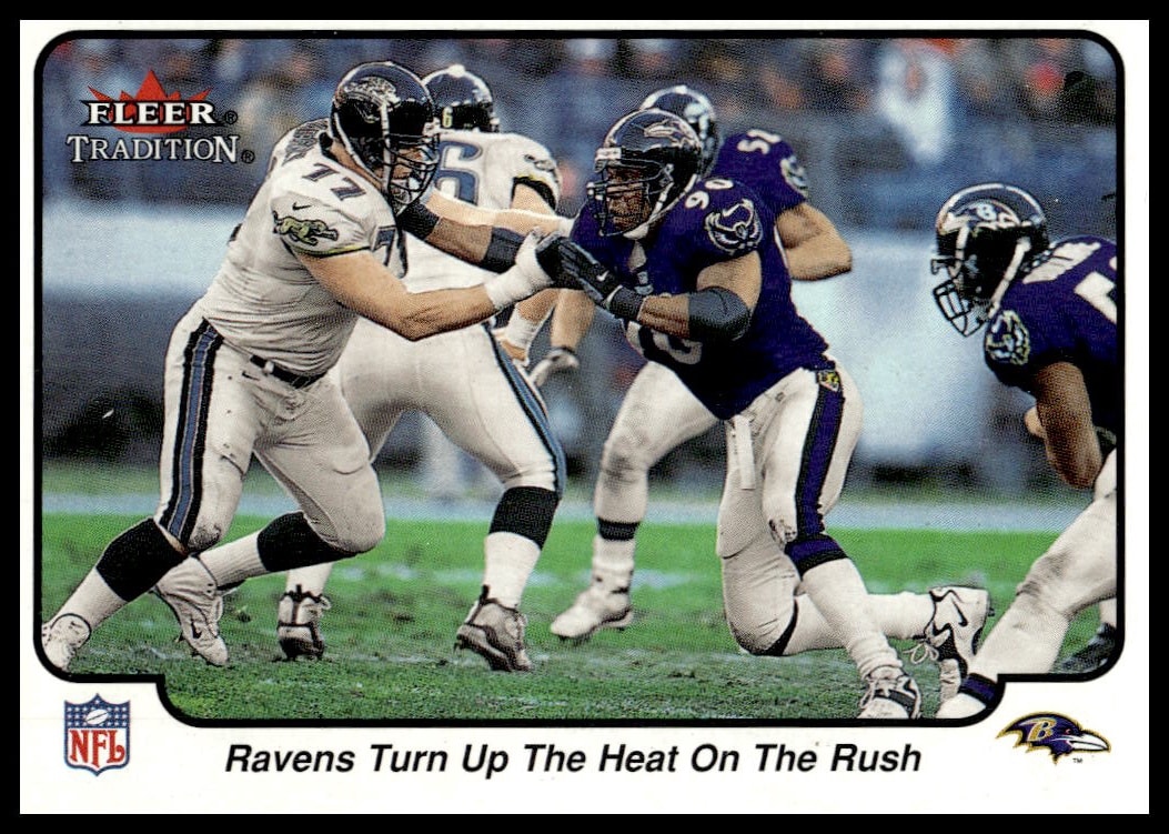 2000 Fleer Glossy card #368 highlighting Ravens fierce defense in action.