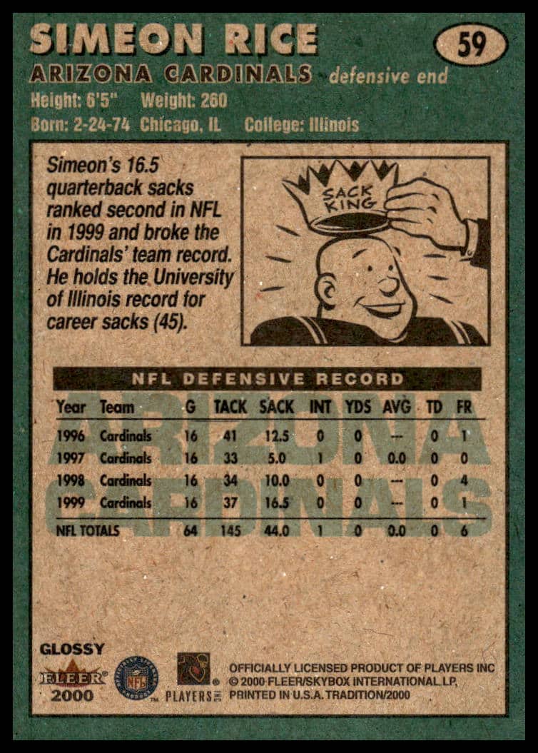 Back of 2000 Fleer Tradition Glossy Simeon Rice card #59 with stats and biography.