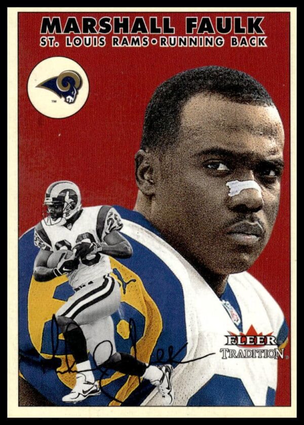 2000 Fleer Tradition Marshall Faulk football card front, #146, St. Louis Rams, NFL action.