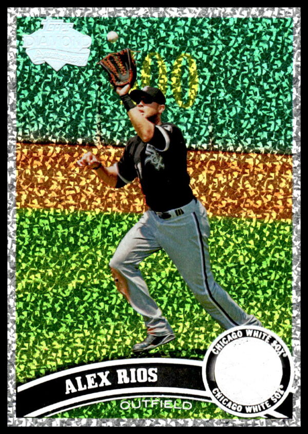 Alex Rios 2011 Topps card with glossy green-yellow background and dynamic throwing pose.
