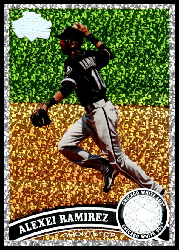 Baseball card of Alexei Ramirez mid-throw, special edition 2011 with textured background.