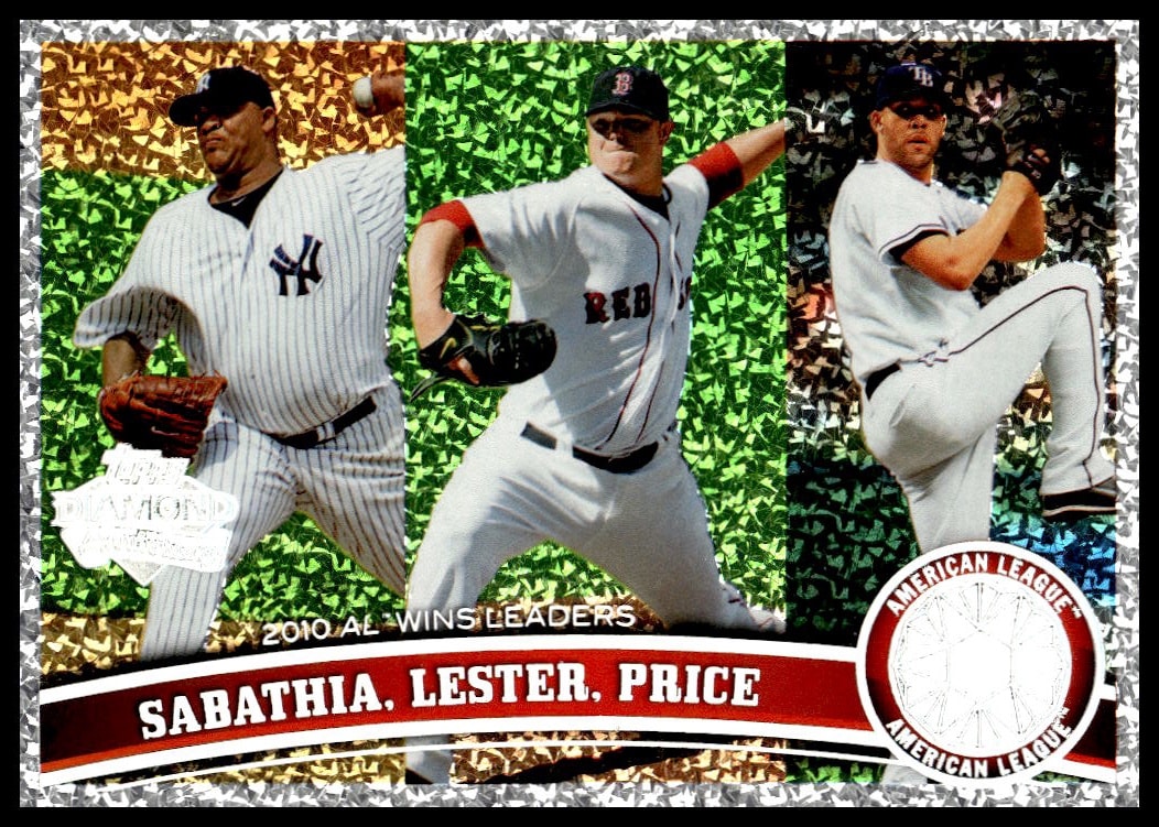 Baseball card featuring pitchers Sabathia, Lester, and Price in action from Topps 2011 Diamond Anniversary.