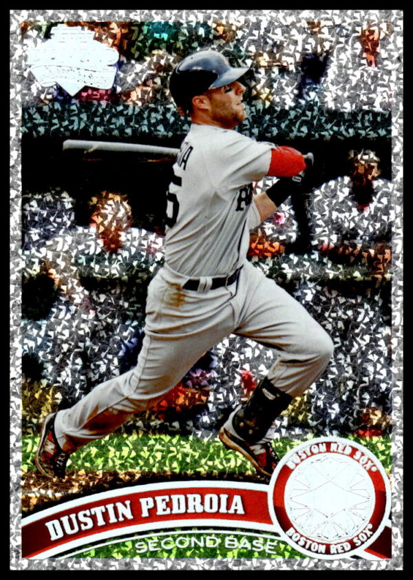 Dustin Pedroia in action on 2011 Topps Diamond Anniversary baseball card, Boston Red Sox.