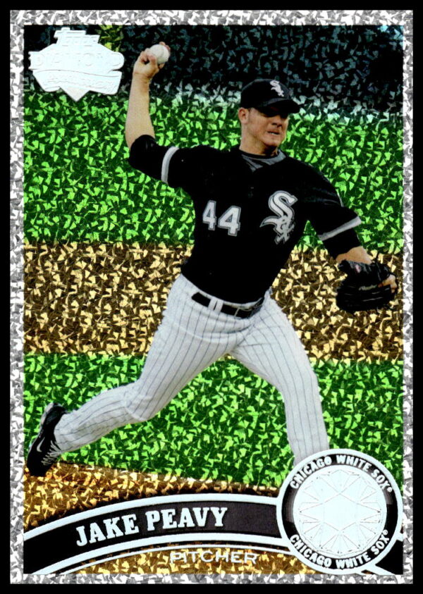 Jake Peavy pitching, 2011 Topps Diamond Anniversary card, shimmering green and gold background.