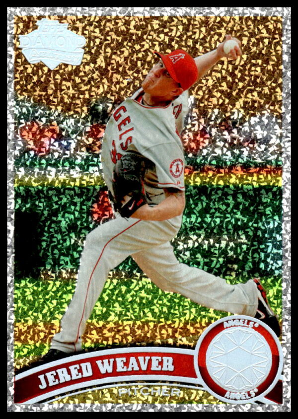 Jered Weaver 2011 Angels holographic card with memorabilia insert, pitching action profile.