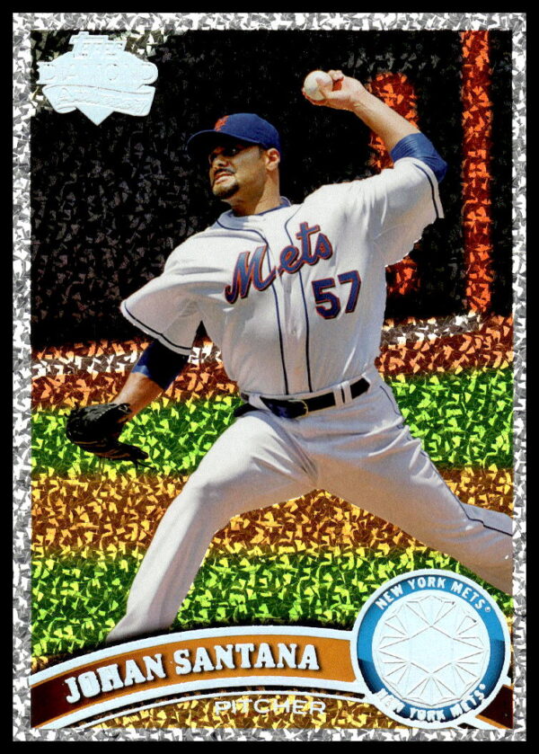 Johan Santana pitching on 2011 Topps Diamond Anniversary Mets card, authentic emblem visible.