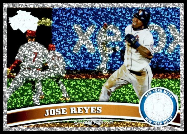 Jose Reyes 2011 Topps Baseball Card, artistic style, dynamic action shot, Diamond Anniversary.