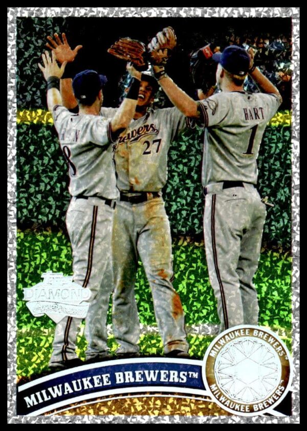 Milwaukee Brewers celebrating milestone victory, gray uniforms, green confetti on commemorative baseball card.
