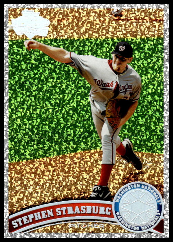 Stephen Strasburg pitching on 2011 Topps Diamond Anniversary card with green and gold background.