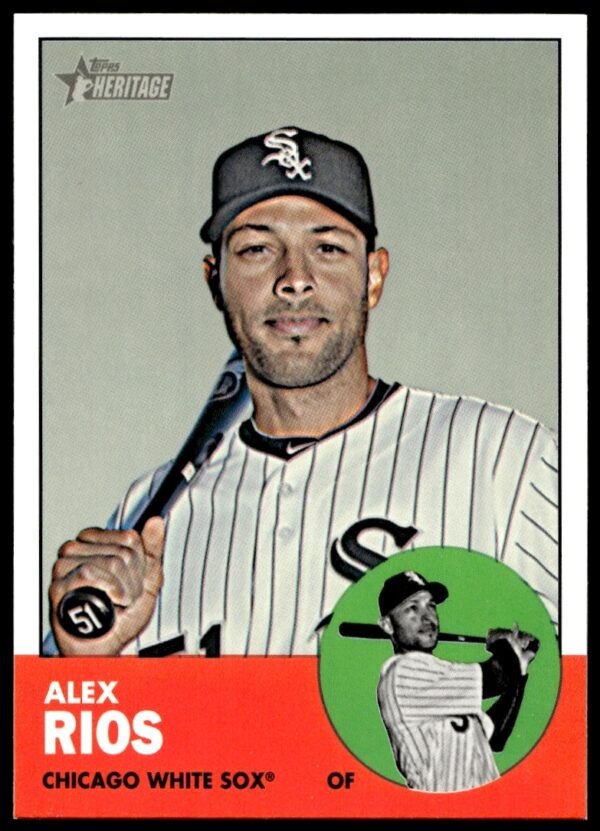Alex Rios 2012 Topps Heritage High Number baseball card featuring vintage design.
