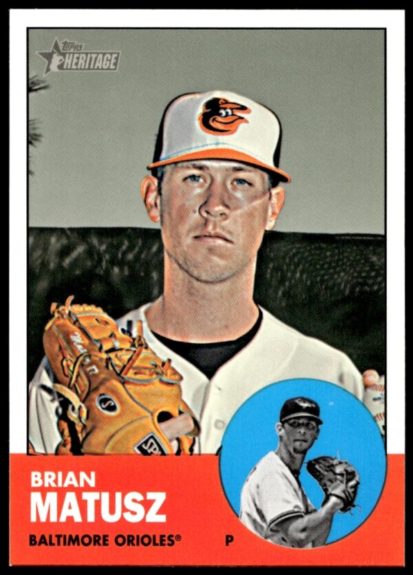 Brian Matusz 2012 Topps Heritage baseball card, H579, showcasing Orioles uniform and vintage design.