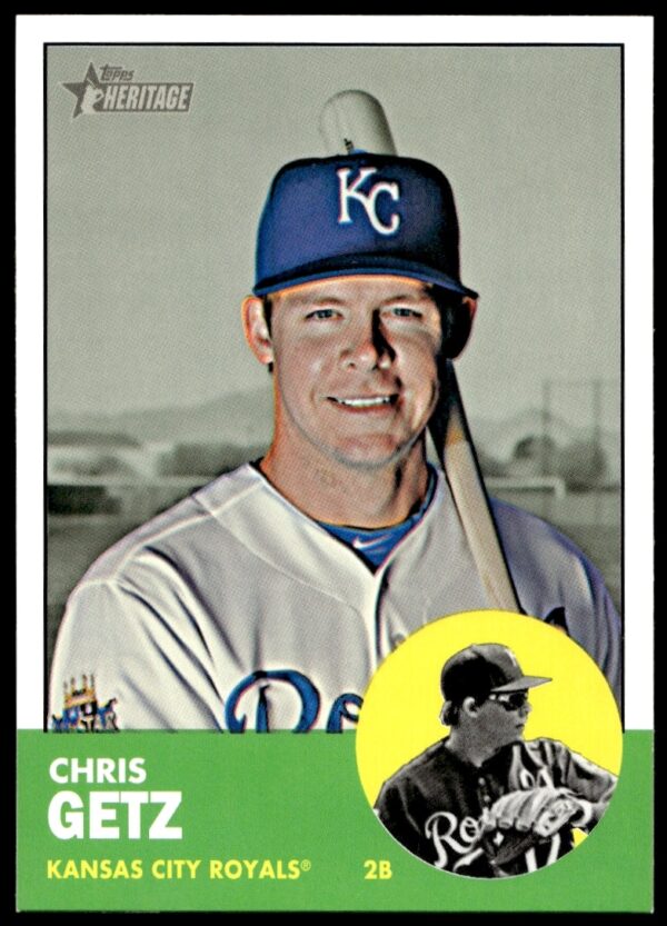 Chris Getz 2012 Topps Heritage High Number baseball card front, featuring classic pose and vintage design.